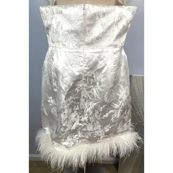 Sau Lee Jayde Sateen Jacquard Feather Hem Ivory White Mini Dress Size 14 - Picture 7 of 13
